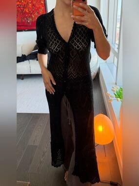 Lauren Ralph Lauren Black Crochet Knit Cover-Up — XS